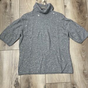 Pure Amici Short Sleeve 100% Cashmere Sweater Sequins Turtleneck Gray Size XL